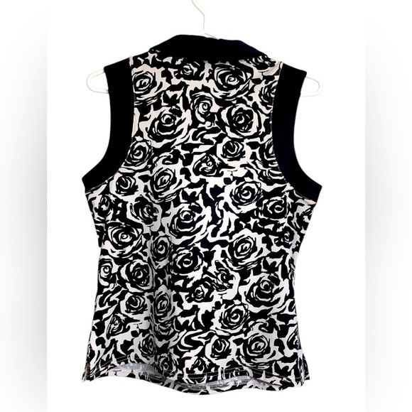 Swing Golf Shirt,Sleeveless, Stretchy, Front Zipper, White w Black Roses, Trim - Picture 3 of 9